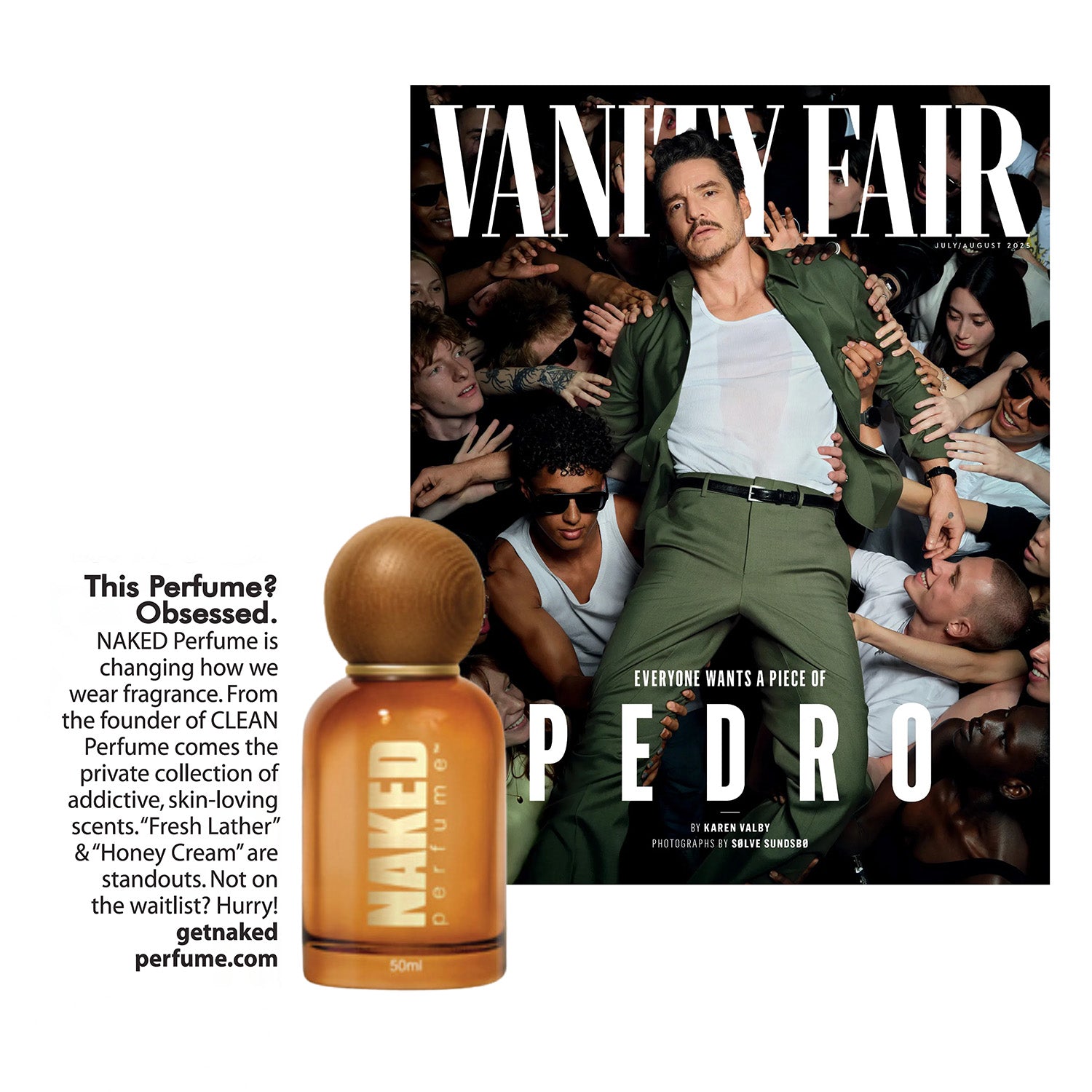Vanity Fair magazine cover with a man surrounded by hands and a Naked perfume bottle.